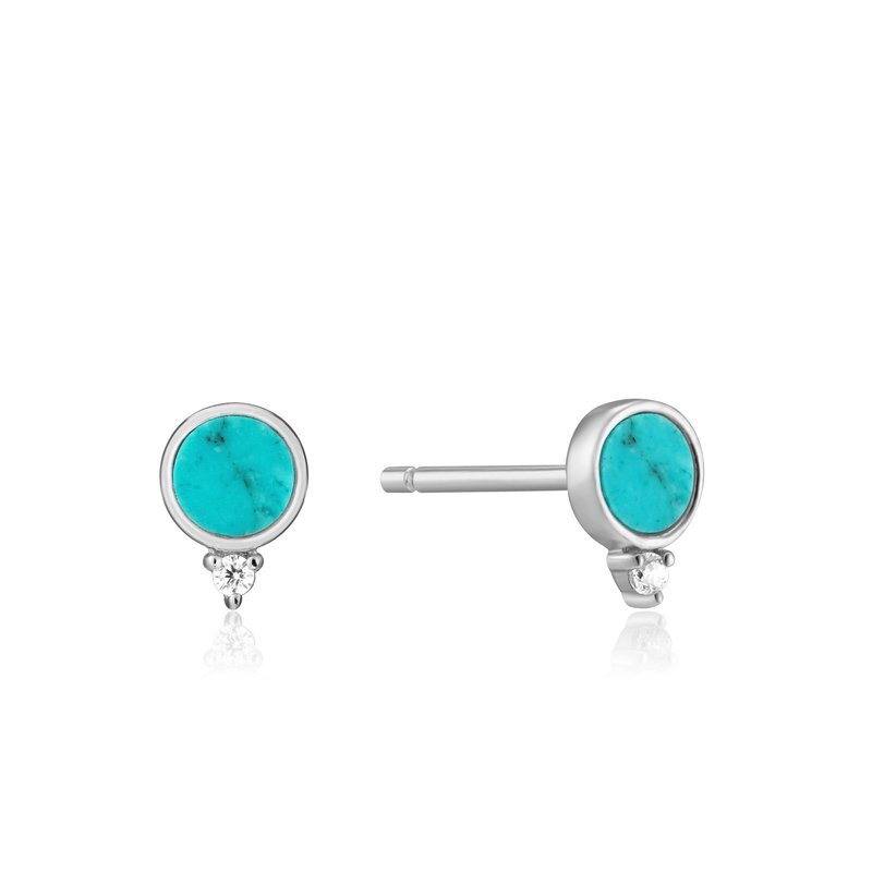 Rhodium-plated silver stud earrings with turquoise and zircons