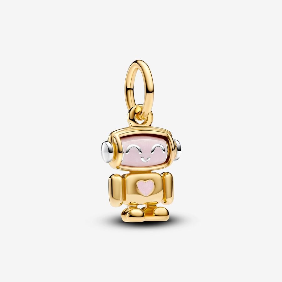 Robot charm with rotating face in unique metal plated with 14k gold and silver, featuring pink enamel - 763441C01 - Pandora