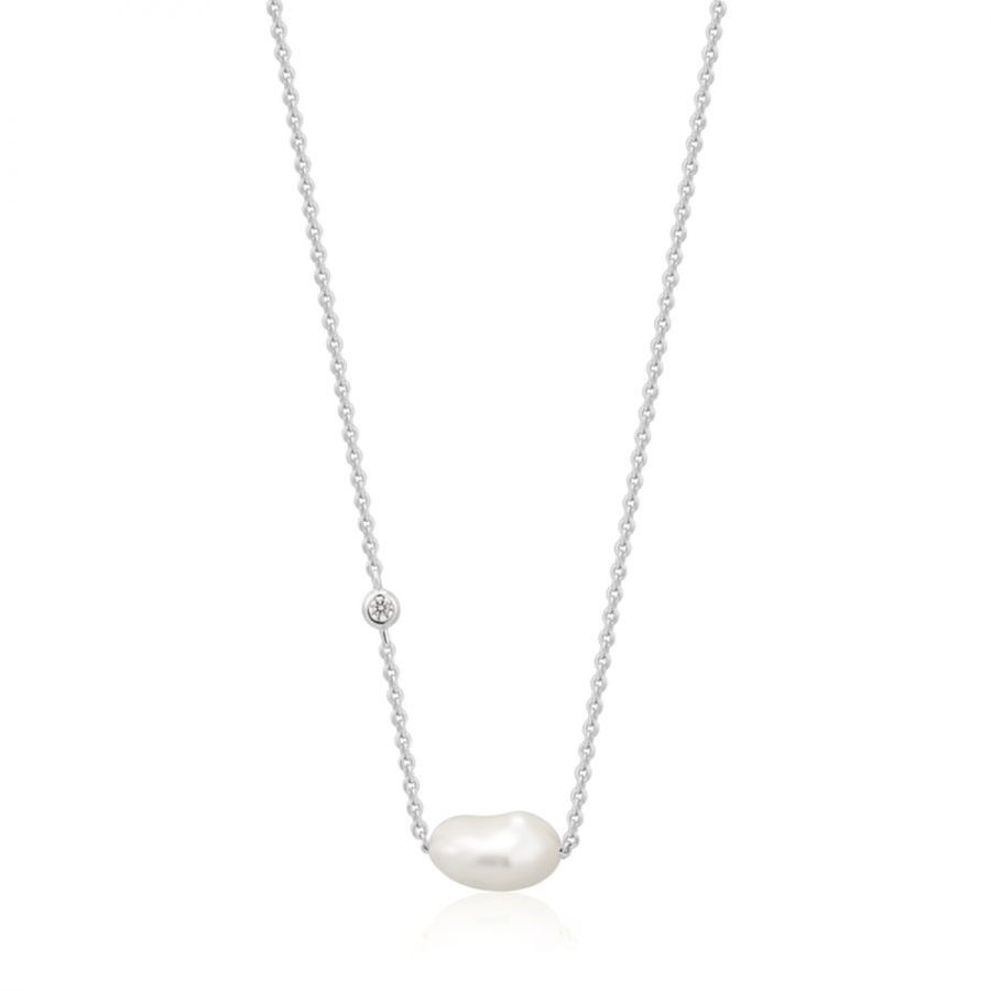 Collier argent rhodié, perle, zircon