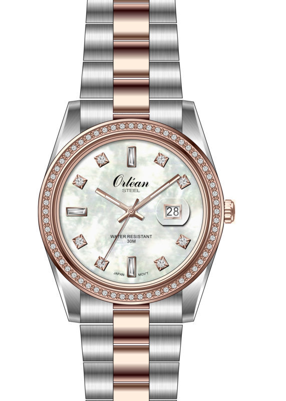 Montre acier 2 tons (blanc/rose), fond blanc, zircons