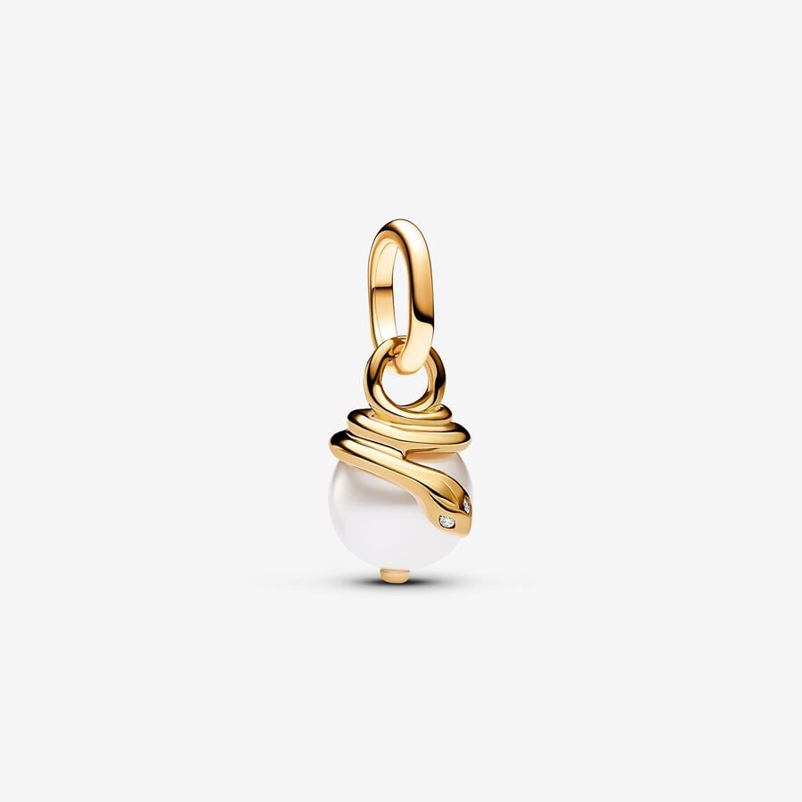 Iridescent snake charm, unique blend of 14k gold-plated metals, artificial pearl, cubic zirconia, Pandora Me - 763375C01 - Pandora