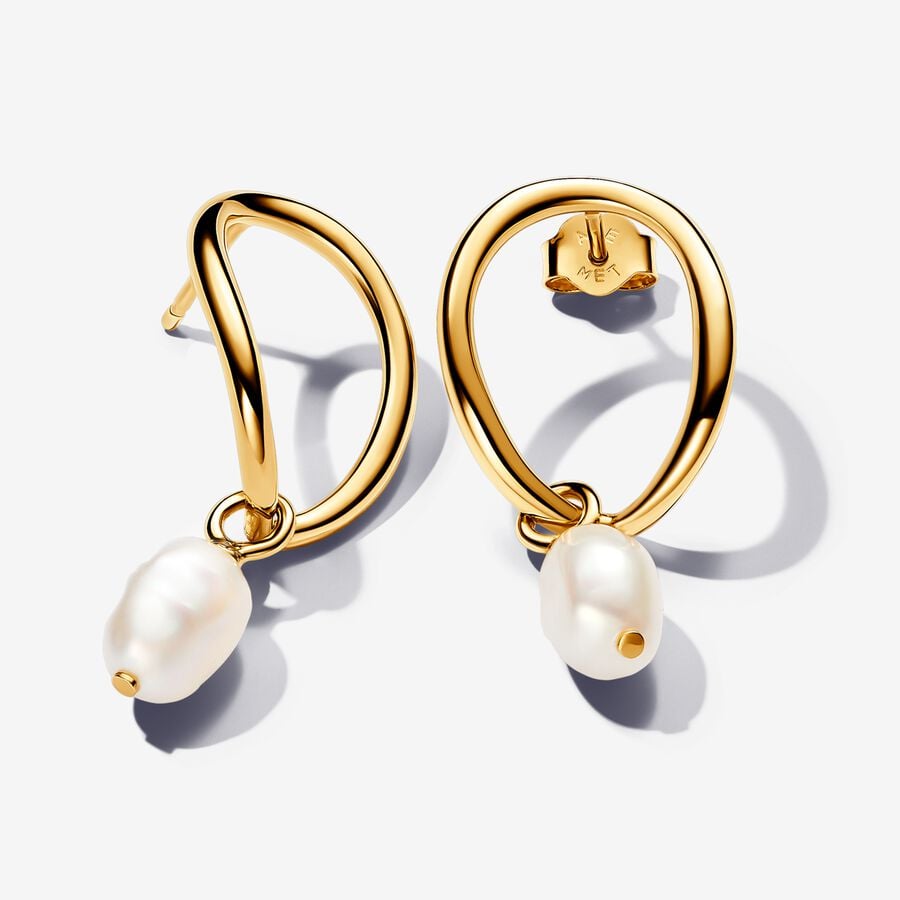 Dangling earrings with unique metals plated with 14-karat gold, freshwater pearls