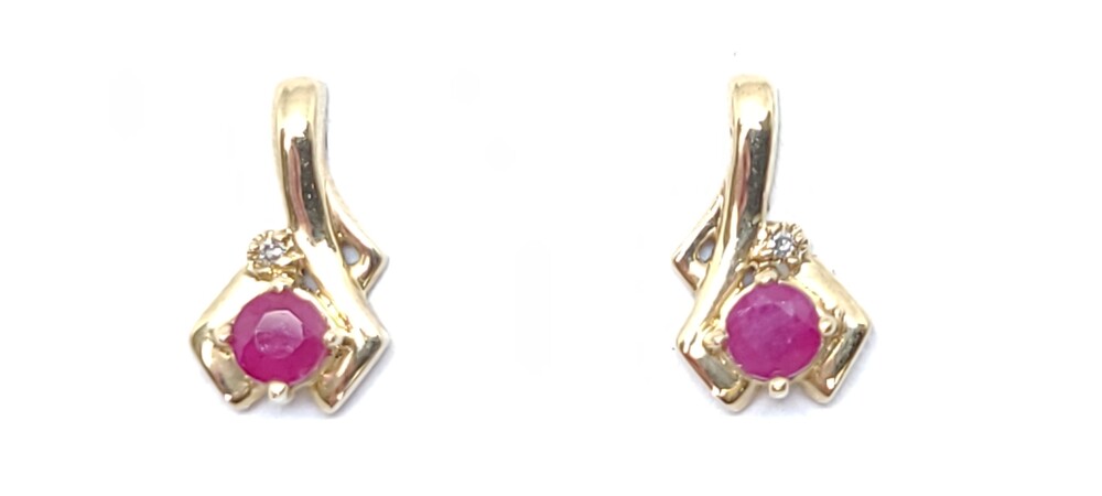 Yellow gold, ruby, and 1 dia pt fixed earrings