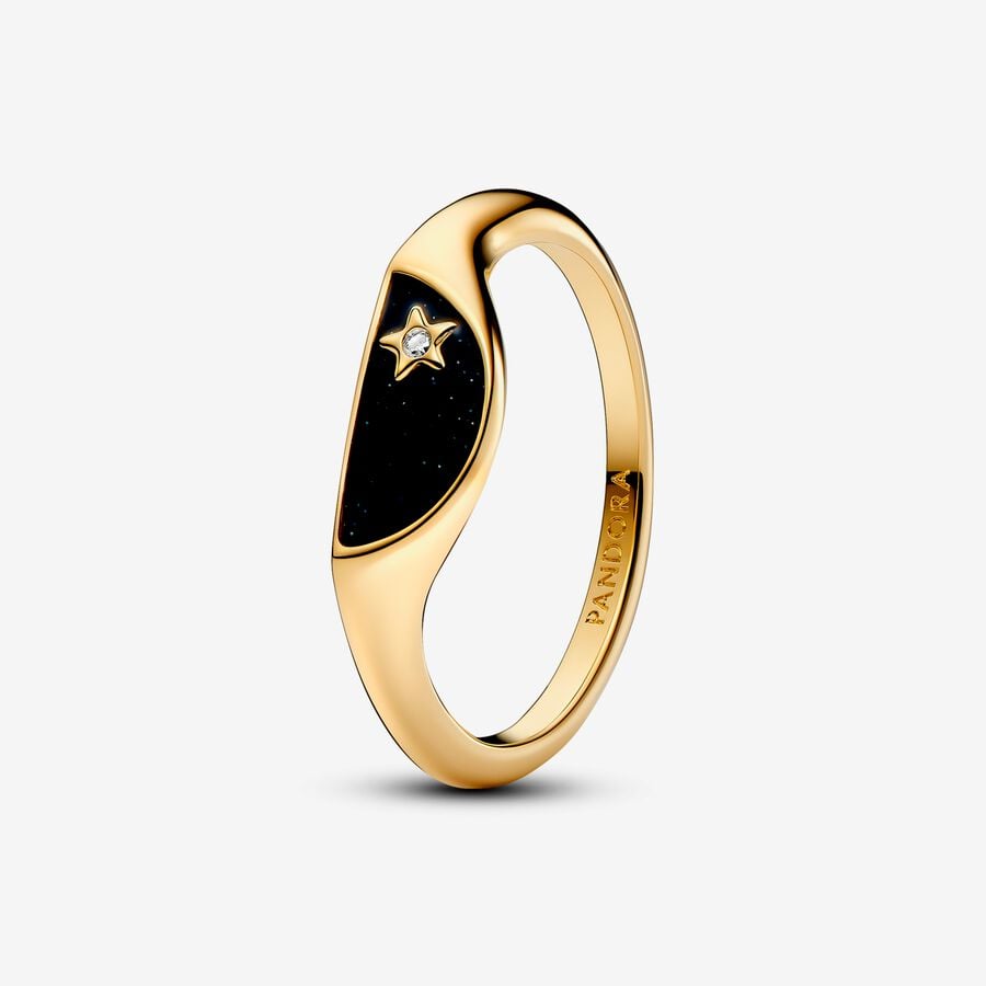 Ring, unique metal blend, 14k gold-plated, cubic zirconia, black enamel - 163325C01-52 - Pandora