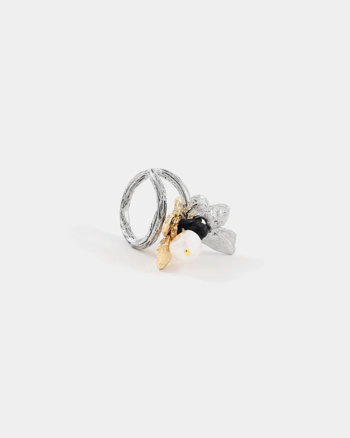 Bague ajustable, étain 2 tons (blanc/jaune), perle - ORION-2TONS - Anne-marie Chagnon