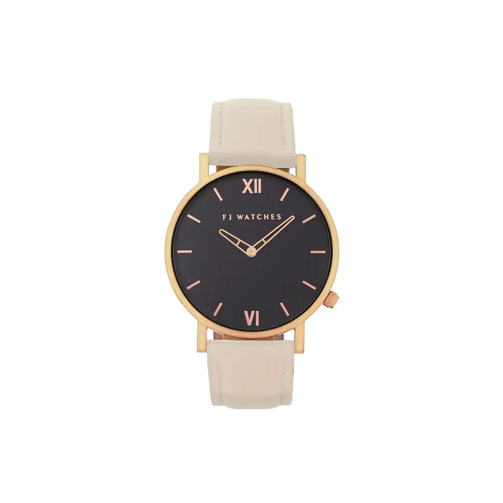 Montre golden moon, cuir beige, acier rosé, fond noir