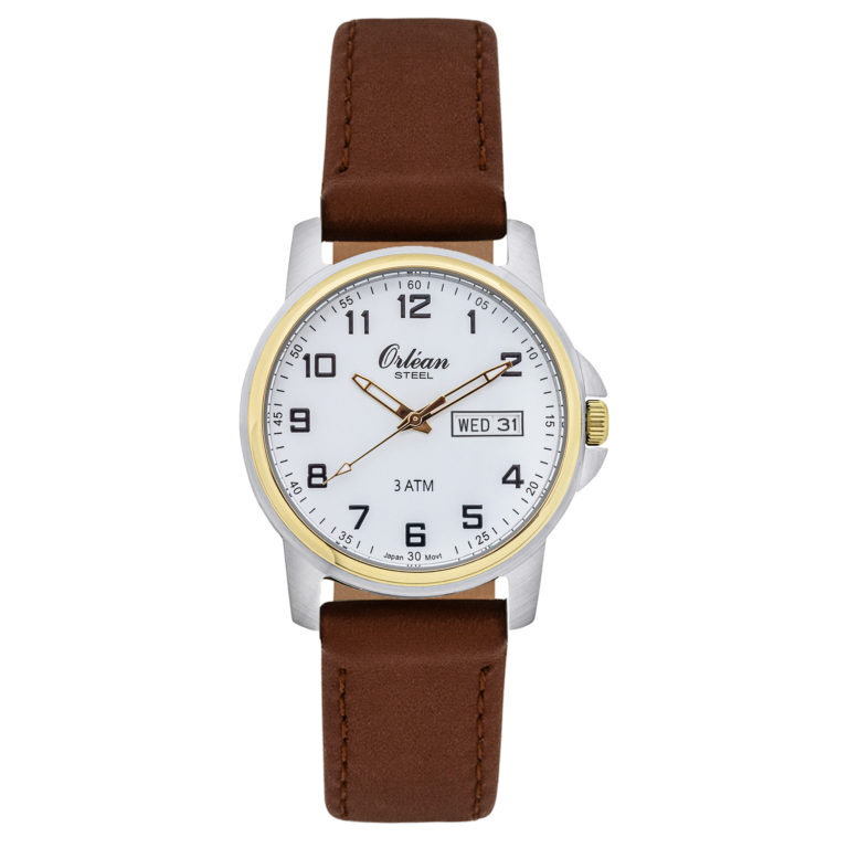 Montre pour homme 2 tons, bracelet cuir brun avec date - ME3314-BR - Orlean