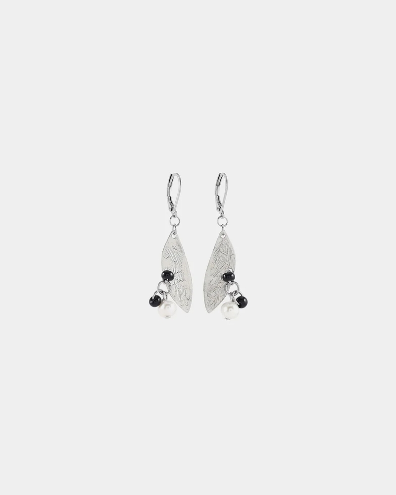 Boucles d'oreilles pendantes acier inoxydable, étain, verre coloré, perles d'eau douce - NERINA-EBENE - Anne-marie Chagnon