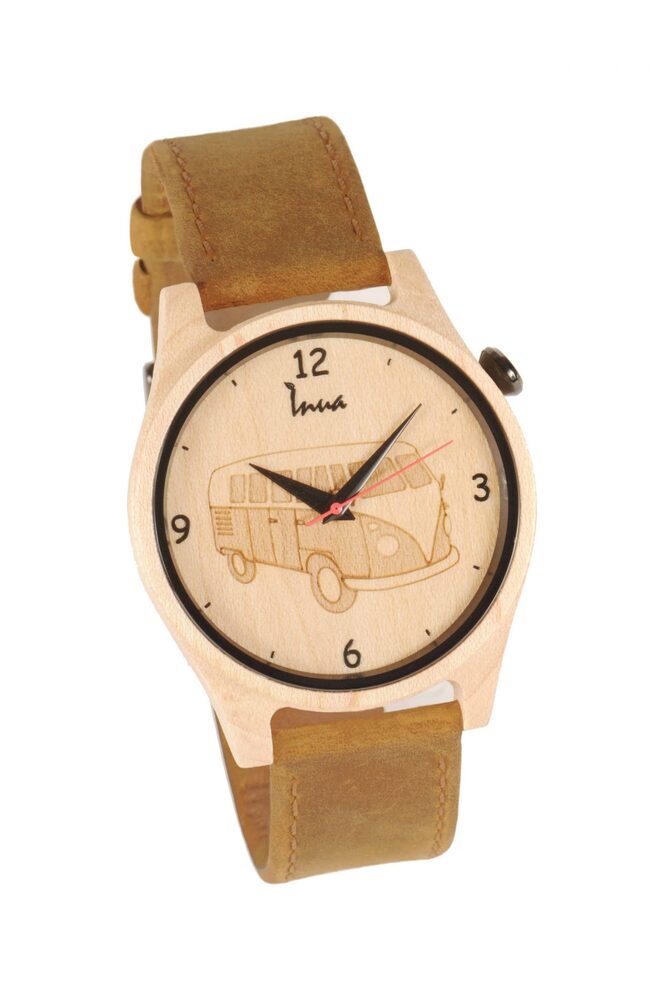 Montre cuir brun et bois avec westfalia, happy ride