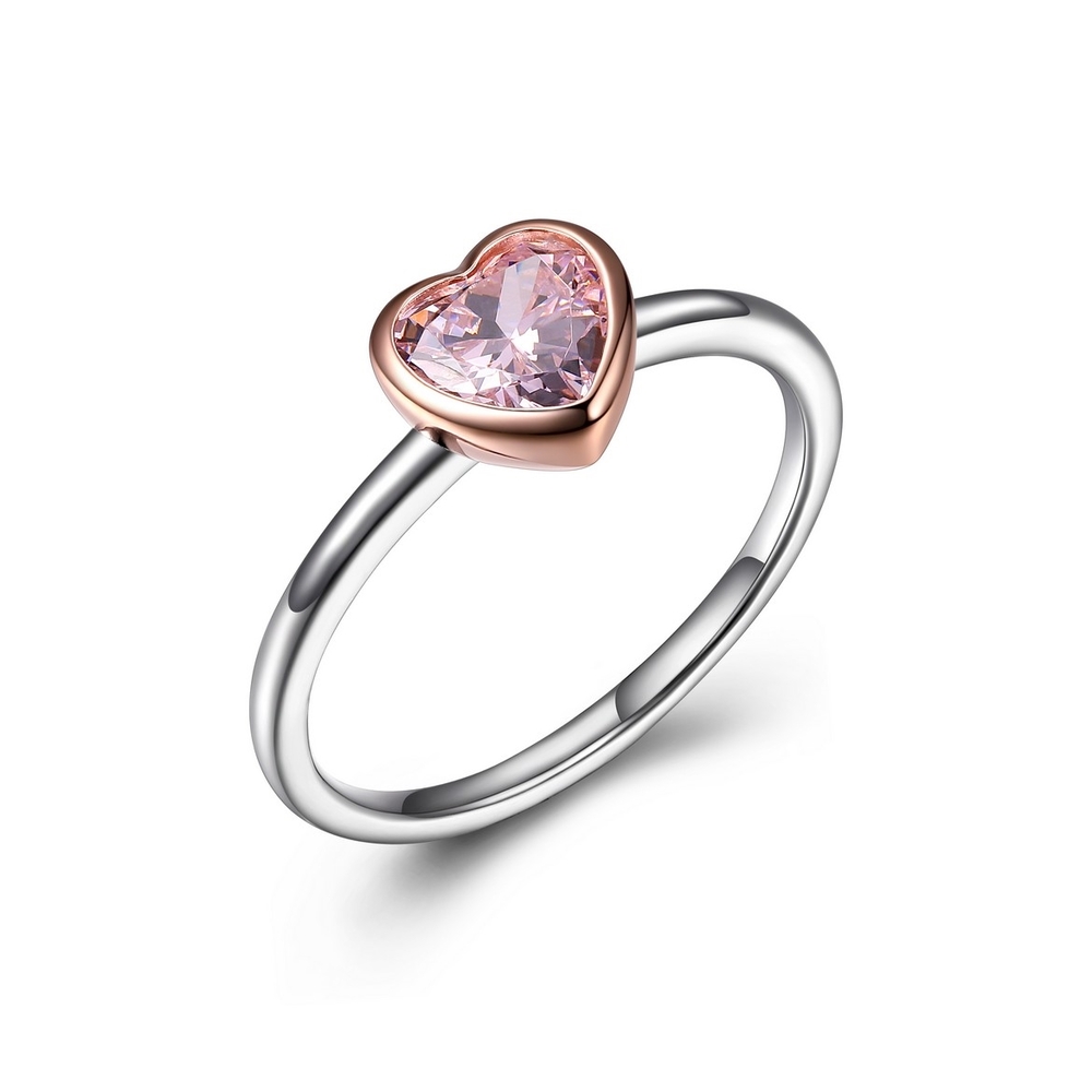 Bague coeur, argent 2 tons (blanc/rose), zircon rose