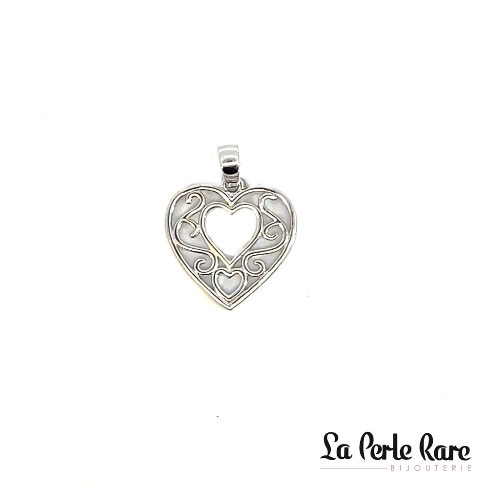 Pendentif coeur, or blanc 10 carats, zircon incolore