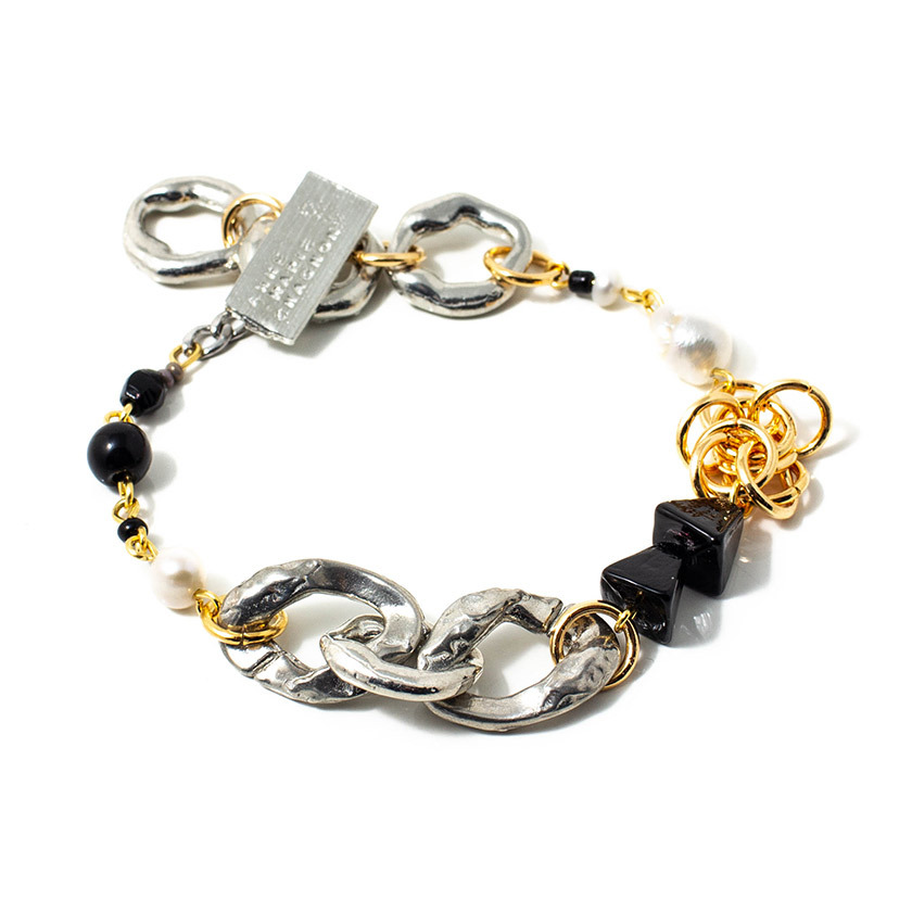 Bracelet étain, or, onyx, verre, perles - IMMEY-NOIR - Anne-marie Chagnon