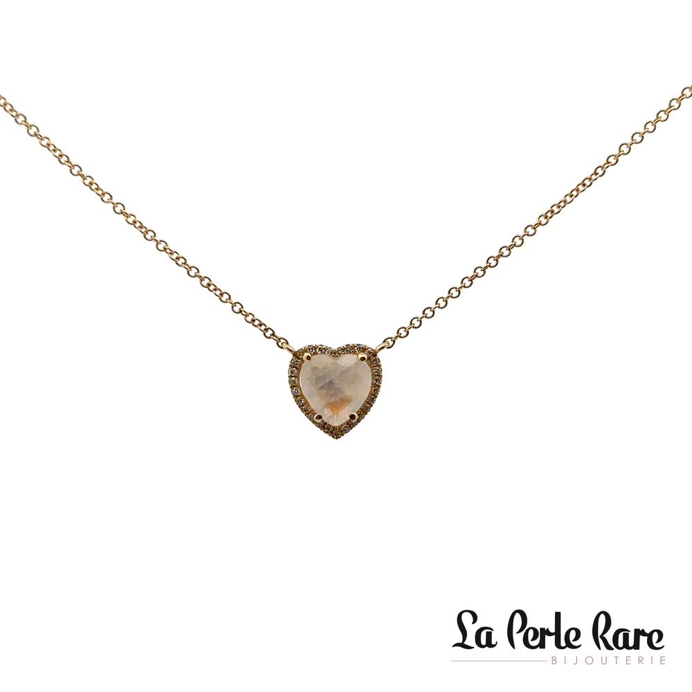 Collier coeur or jaune, pierre de lune, 6 pts dia tot - 263159 - Majolie