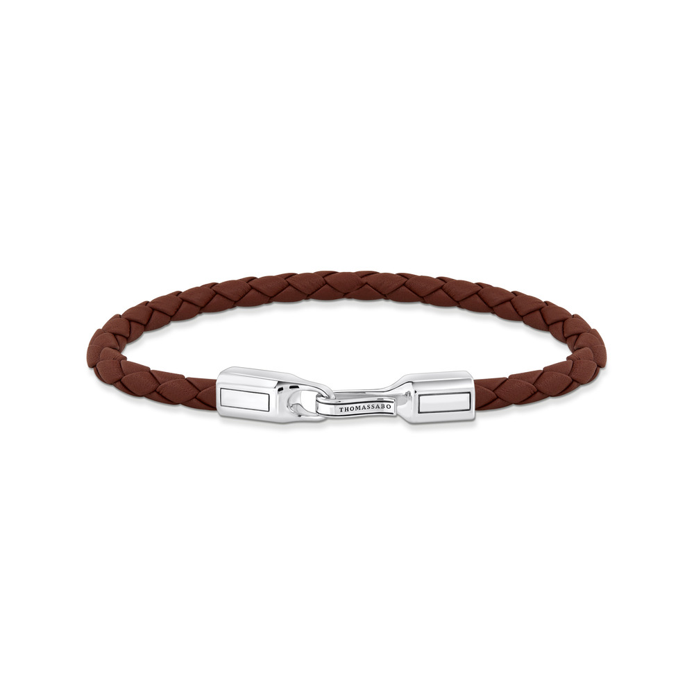 Bracelet cuir brun tressé, argent