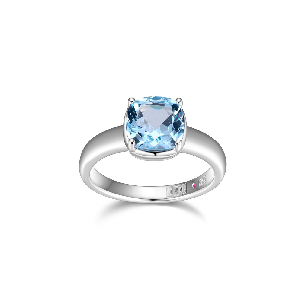 Bague solitaire argent rhodié, topaze bleue