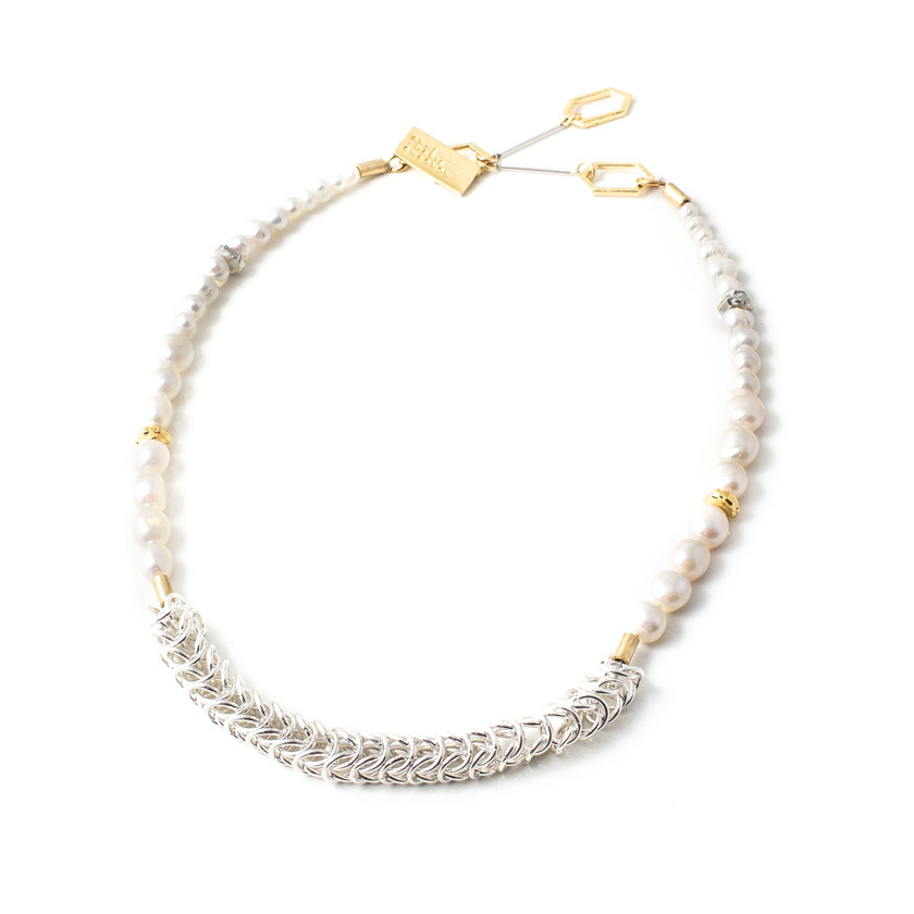 Collier étain 2 tons (blanc/jaune), perles - ROYNA-PERLE - Anne-marie Chagnon