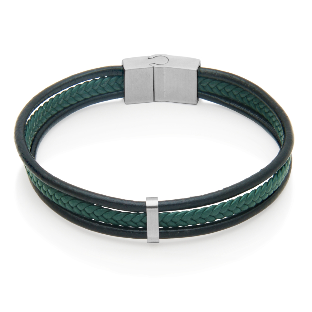 Bracelet cuir noir/vert, acier - T1XG240185 - Steelx