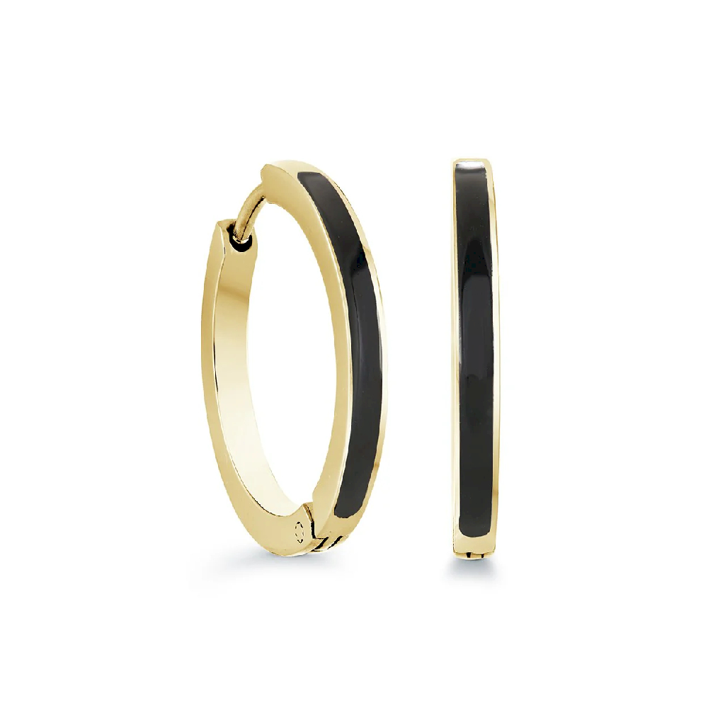 Gold stainless steel Huggie Earrings Black Enamel - SEA376 - Italgem Steel