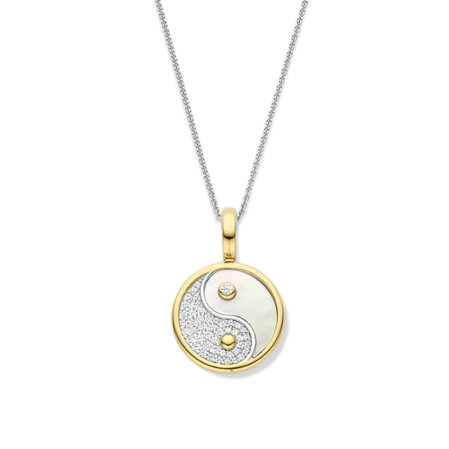 Pendentif Yin Yang, argent 2 tons (blanc et jaune), zircons incolores, nacre de perle - 6843MW - Ti Sento