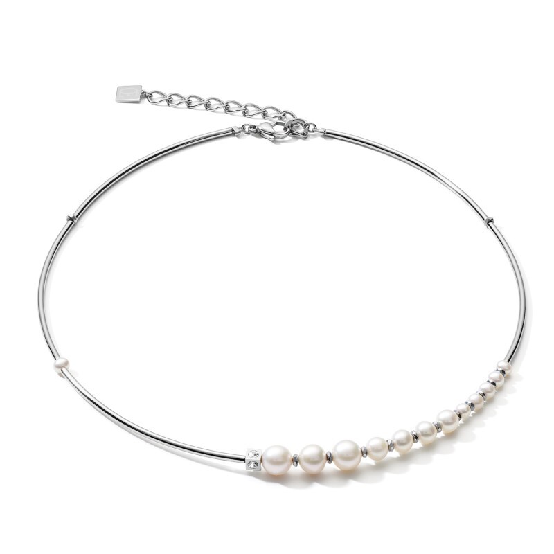 Collier acier, cristaux, perles d'eau douce