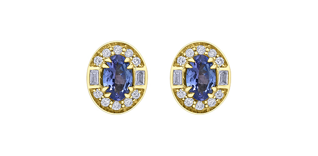 Boucles d'oreilles fixes or jaune 10 carats, tanzanites, 18 points de diamants total - DD8175YTZ - Corona