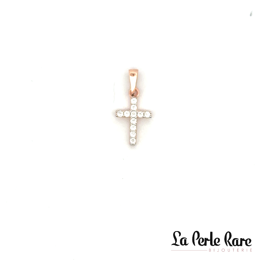 Pendentif croix, or rose 10 carats, zircons incolores