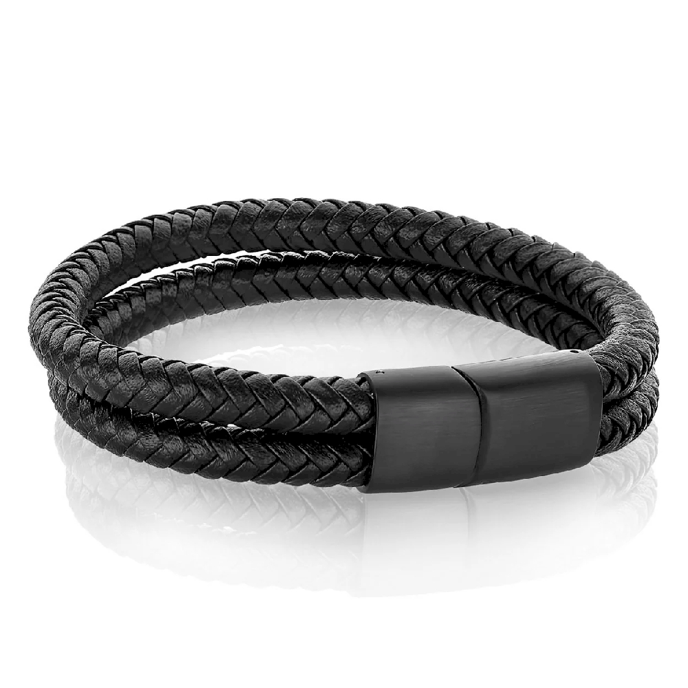 Bracelet cuir tressé noir, acier inoxydable noir - SLB322 - Italgem Steel