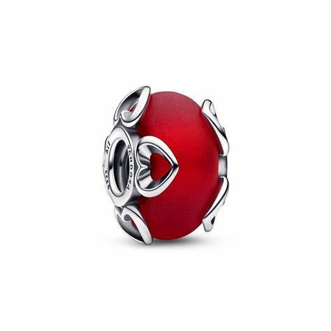 Heart charm, Frosted Red Murano Glass, Gold Leaf, Silver - 792497C01 - Pandora