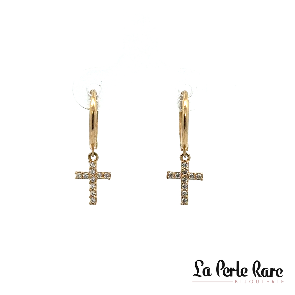 Huggie cross pendant earrings, yellow gold, zircons - 12115-5 - Exclusivity