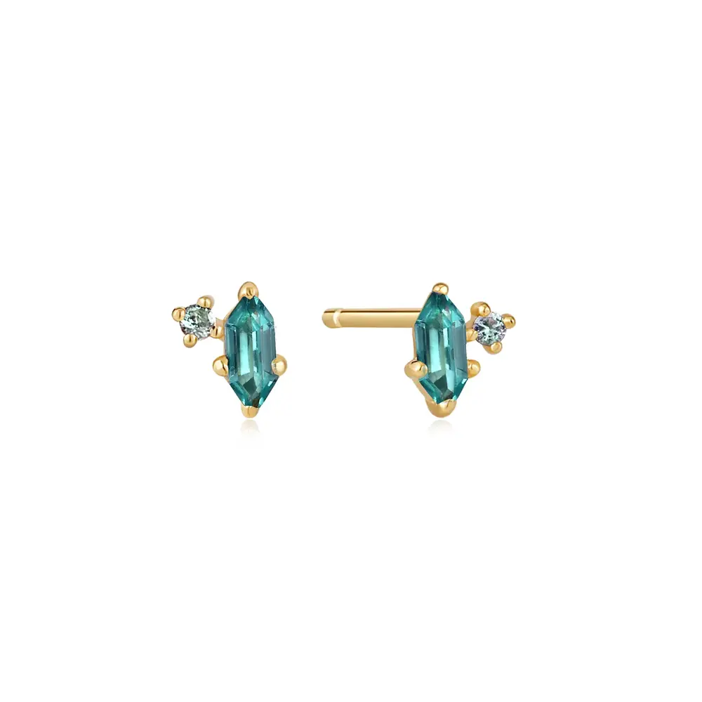 Gold-plated stud earrings with teal zircons