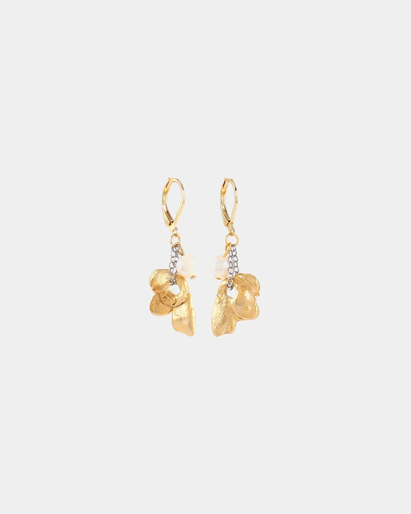 Boucles d'oreilles pendantes acier inoxydable doré, étain doré, perles d'eau douce - MUSCIDA-ORMAT - Anne-marie Chagnon