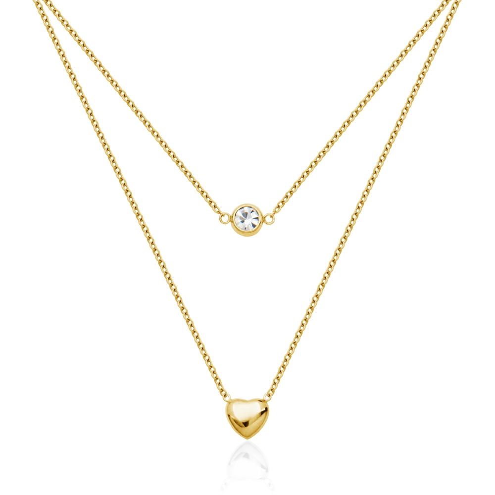 Collier double acier doré, coeur, zircon