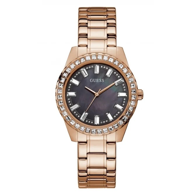 Rose gold stainless steel watch, pearlescent black dial, crystals