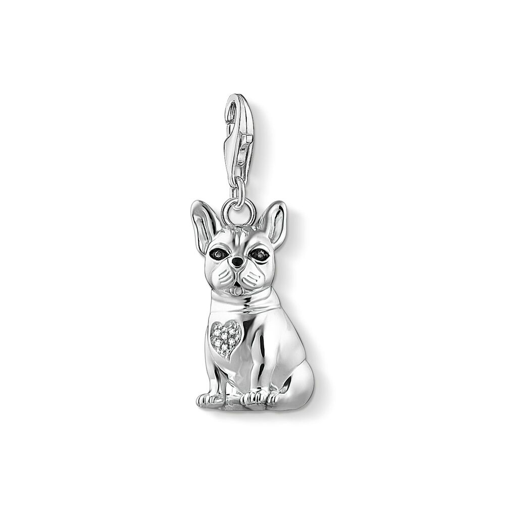 Charm bouledogue, argent, zircons blancs/noirs