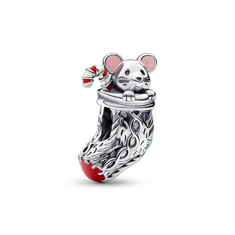 Bille chaussette et souris festives, argent, émaux mixtes - 792366C01 - Pandora