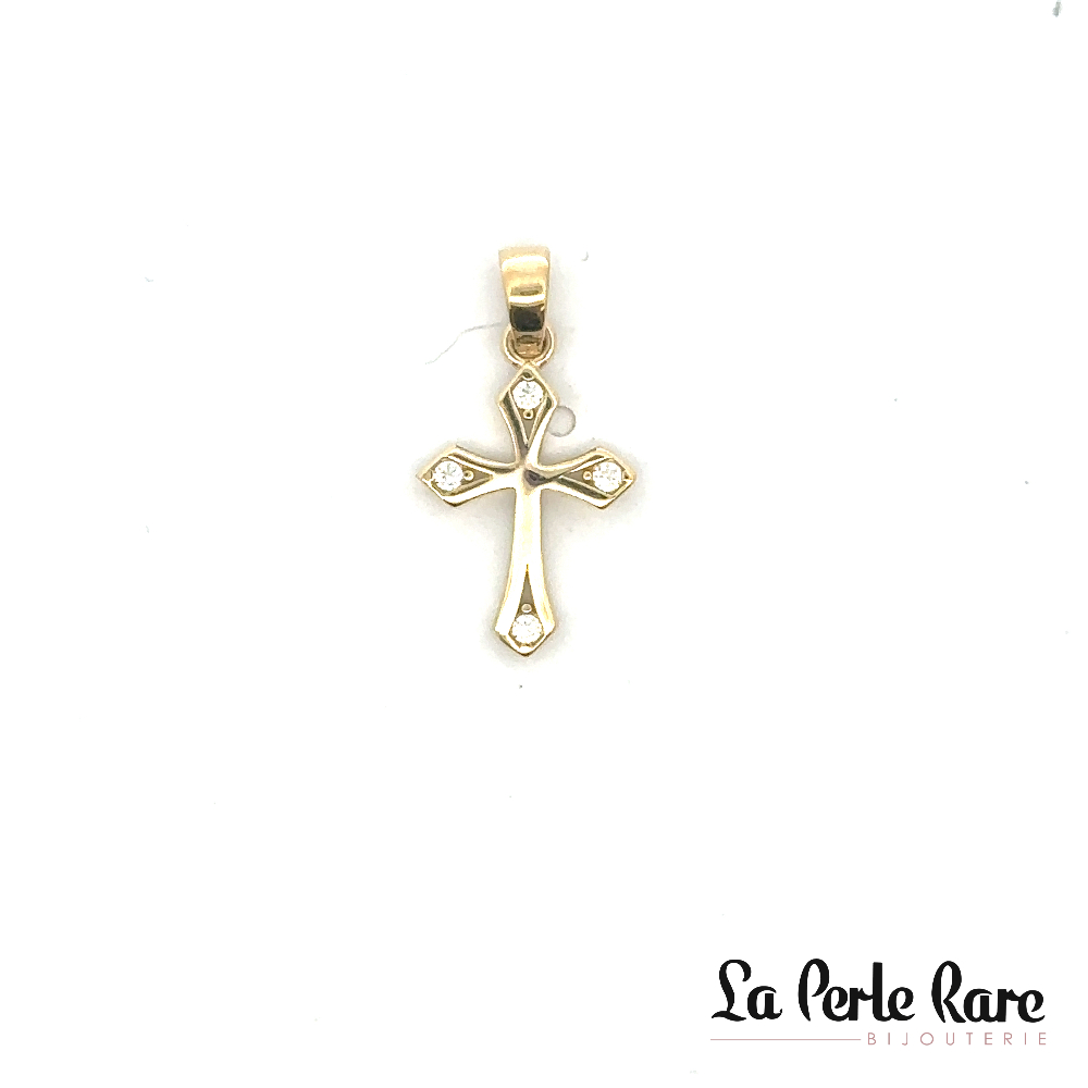 Pendentif croix, or jaune 10 carats, zircons incolores