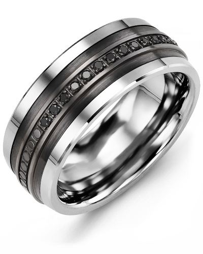 Jonc tungstène, argent sterling noirci, 15 points de diamants noirs total, 9 millimètres pour homme - MKQ900TS-15B - Madani