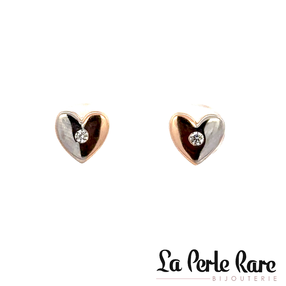 10K Two-Tone (Rose/White) Gold Heart Stud Earrings, Clear Zircons - EOZ-681-2TR - Exclusivity