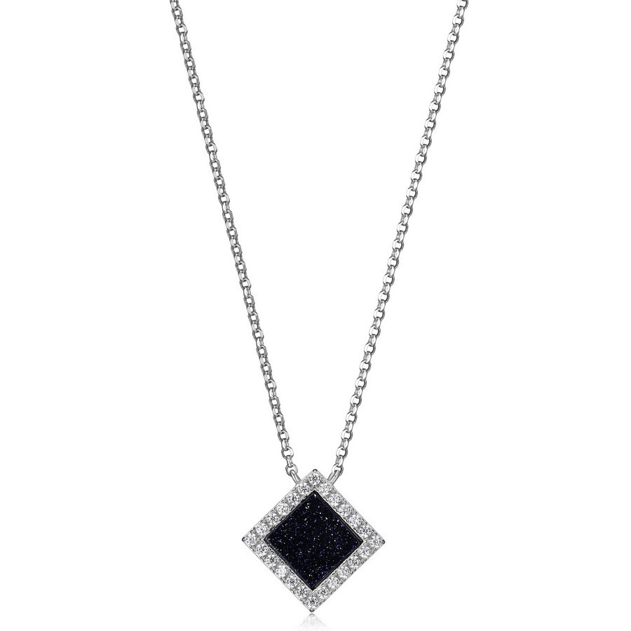 Rhodium-plated silver blue goldstone, cz necklace