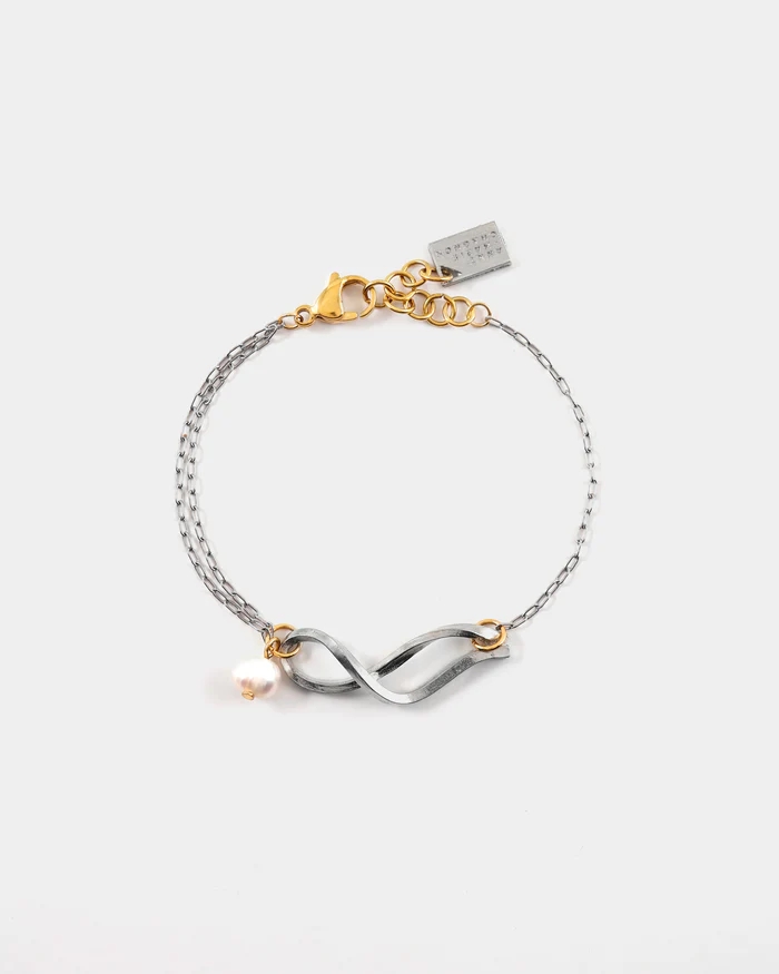 Bracelet étain 2 tons (blanc/jaune), perle - AQUARIUS-2TONS - Anne-marie Chagnon