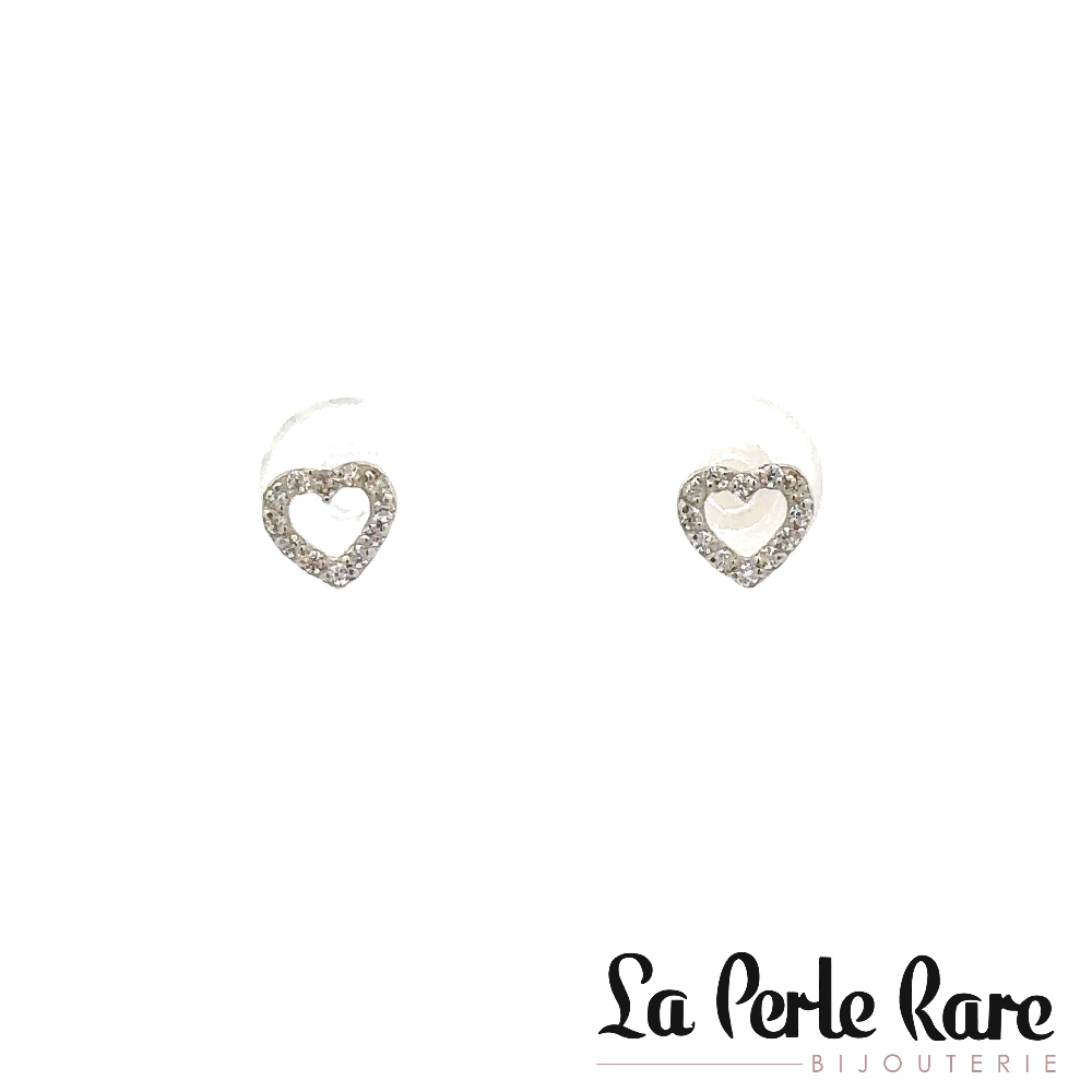 Boucles d'oreilles fixes coeurs, or blanc 10 carats, zircons incolores - 11253-6B - Exclusivités