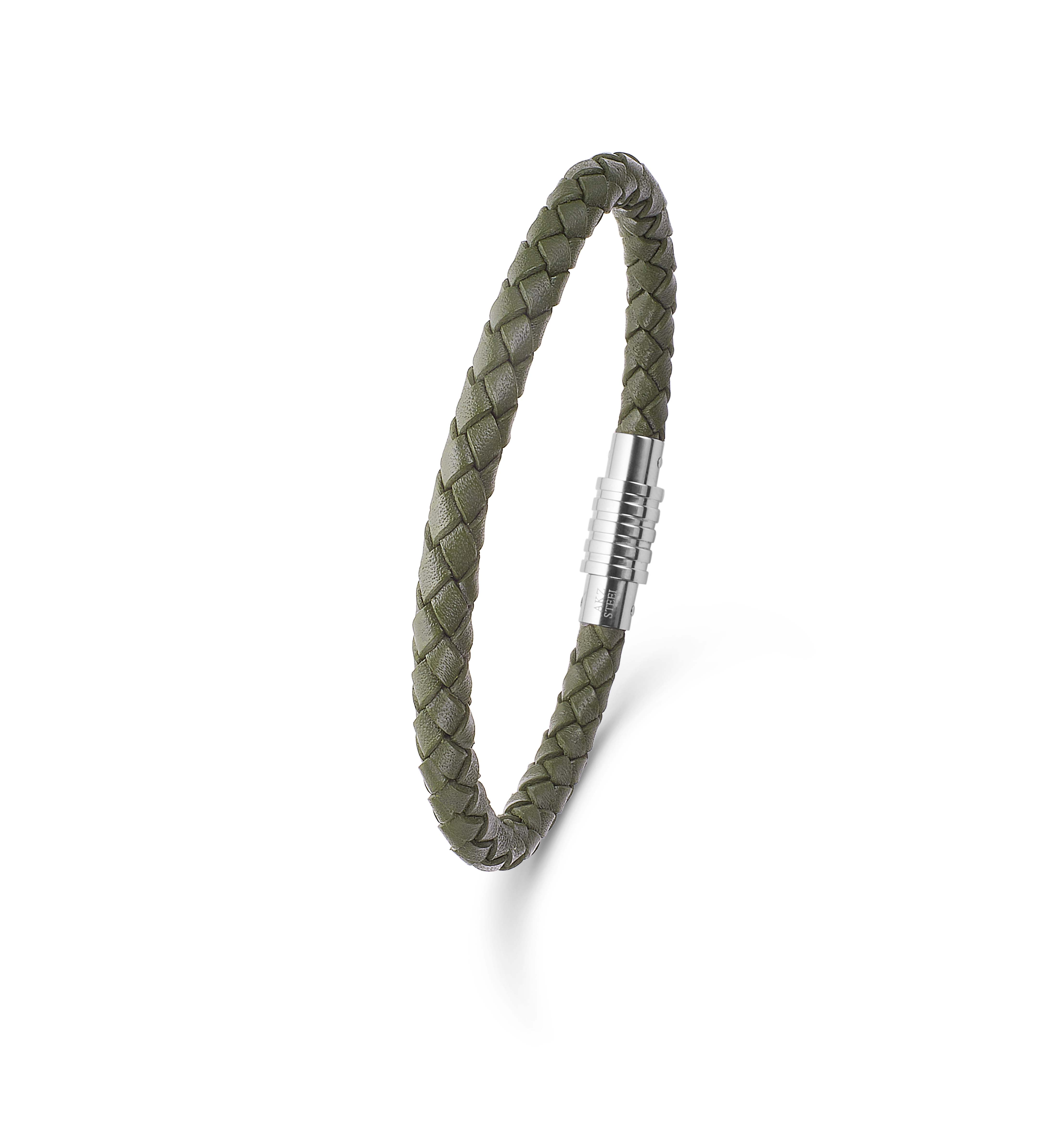 Men's steel braided khaki leather bracelet - 0710143-19 - Aagaard