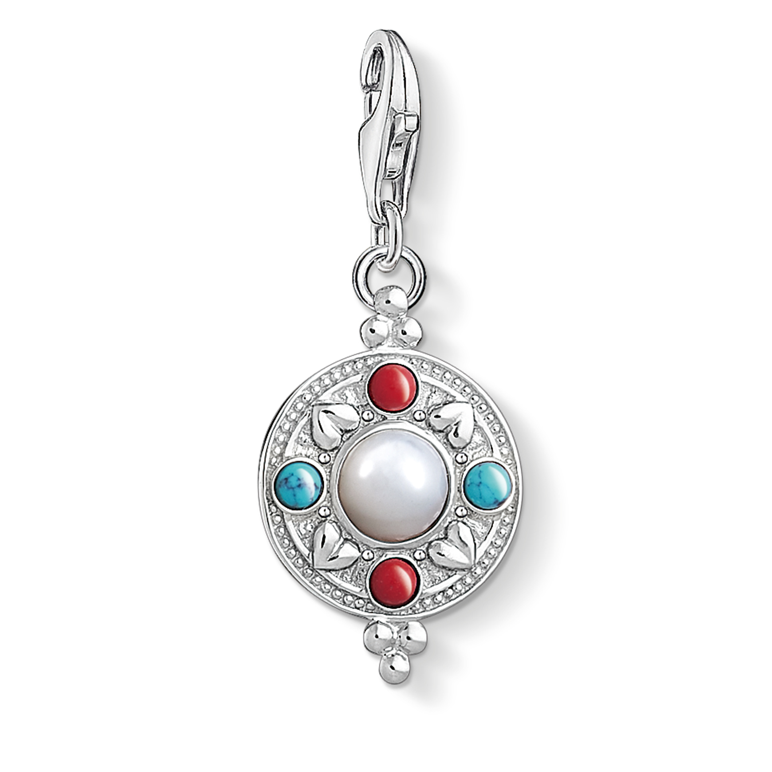 Charm medaille lotuscharm médaille lotus, argent, perle, turquoise et corail synthétique