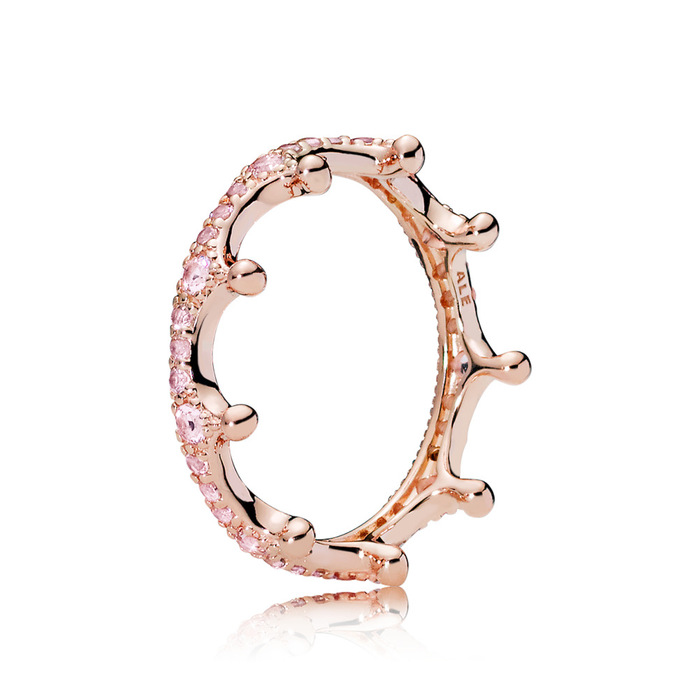 Bague couronne scintillante, cristaux rose, rose