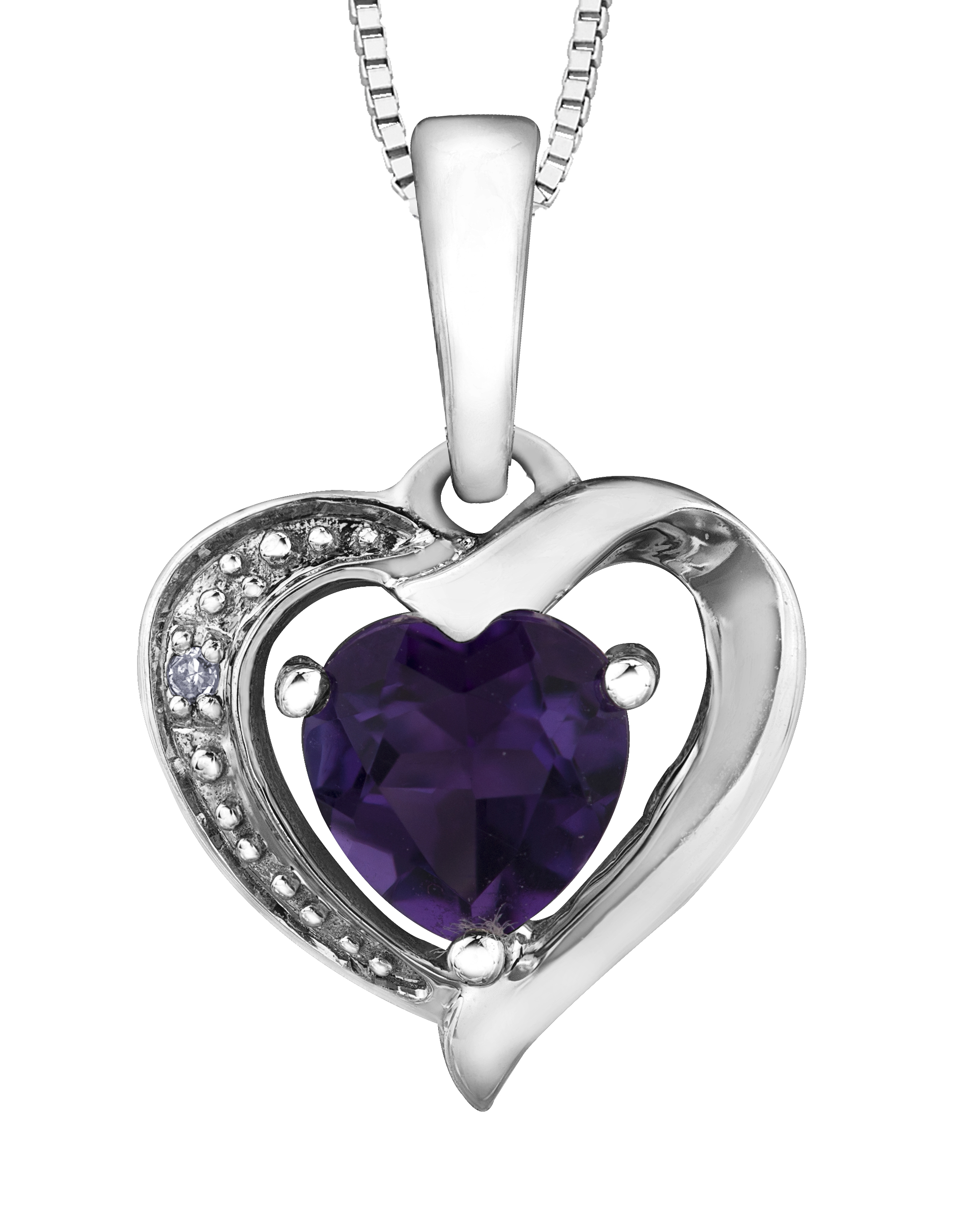 Pendentif coeur, or blanc 10 carats, améthyste, 0.5 points de diamants total