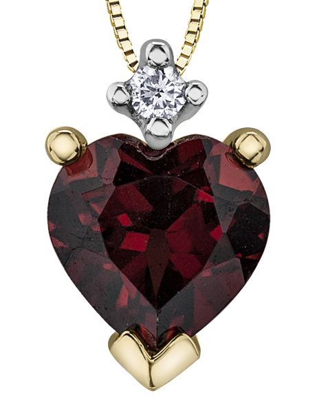 Pendentif coeur, or jaune 10 carats, grenat, diamant de 1.5 points