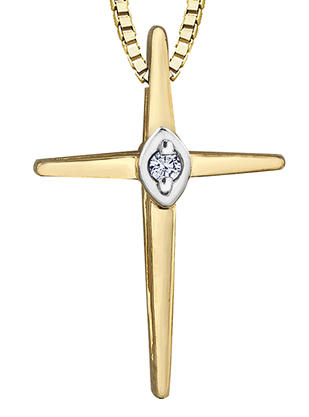 Pendentif croix, or jaune 10 carats, diamant de 1.5 points