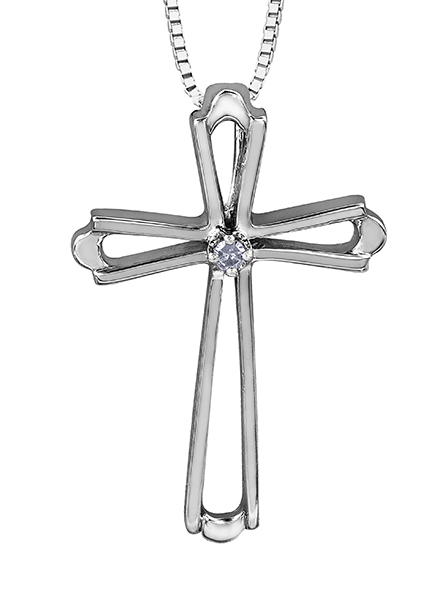 Pendentif croix, or blanc 10 carats, diamant de 1 point - 20074 - Libman