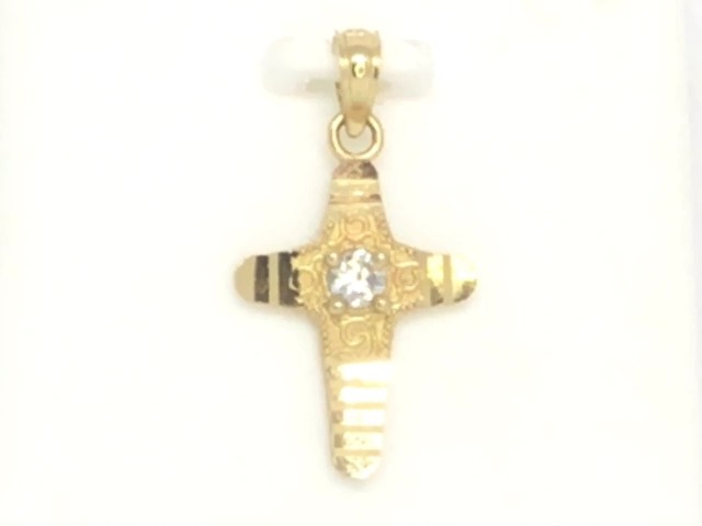 Pendentif croix, or jaune 10 carats, zircon incolore