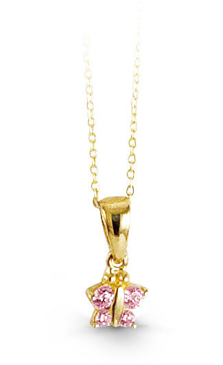 Pendentif papillon, or jaune, zircons roses